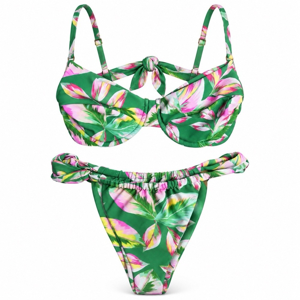 Skatie Floral 2-Piece Bikini Set Womens Small Green Floral Sexy High Waist Swim